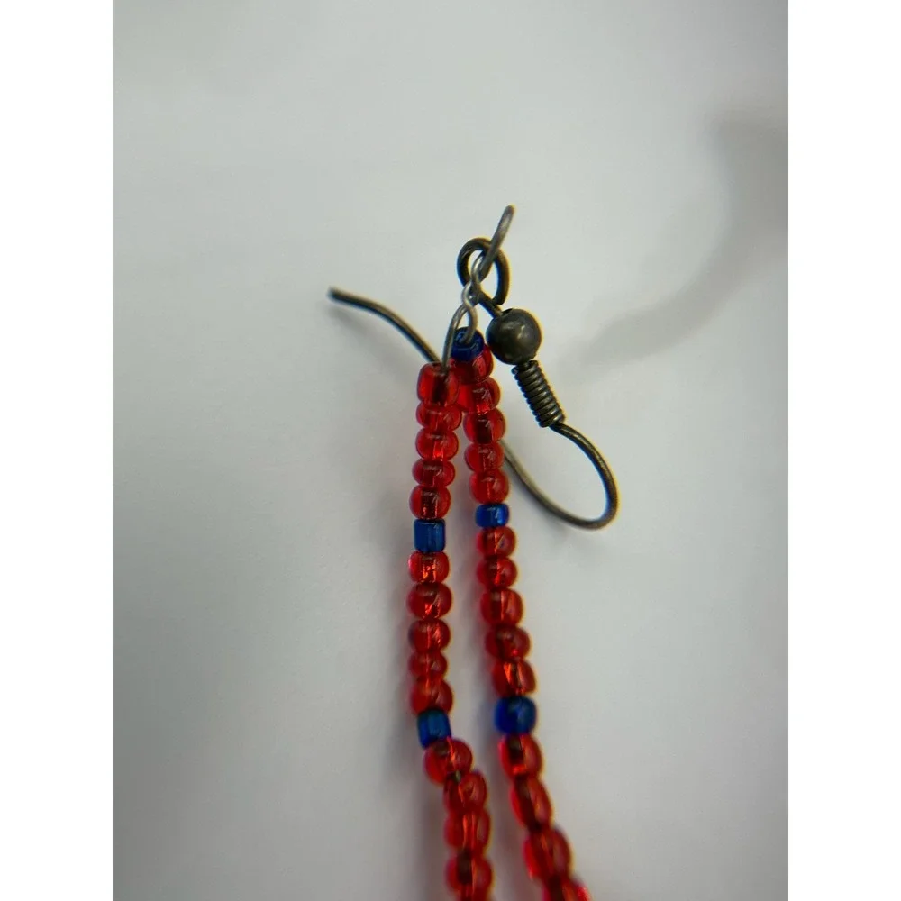 Vintage Womens Red Blue Seed Long Beaded Fashion Jewelry Dangle Earrings 90s Y2K